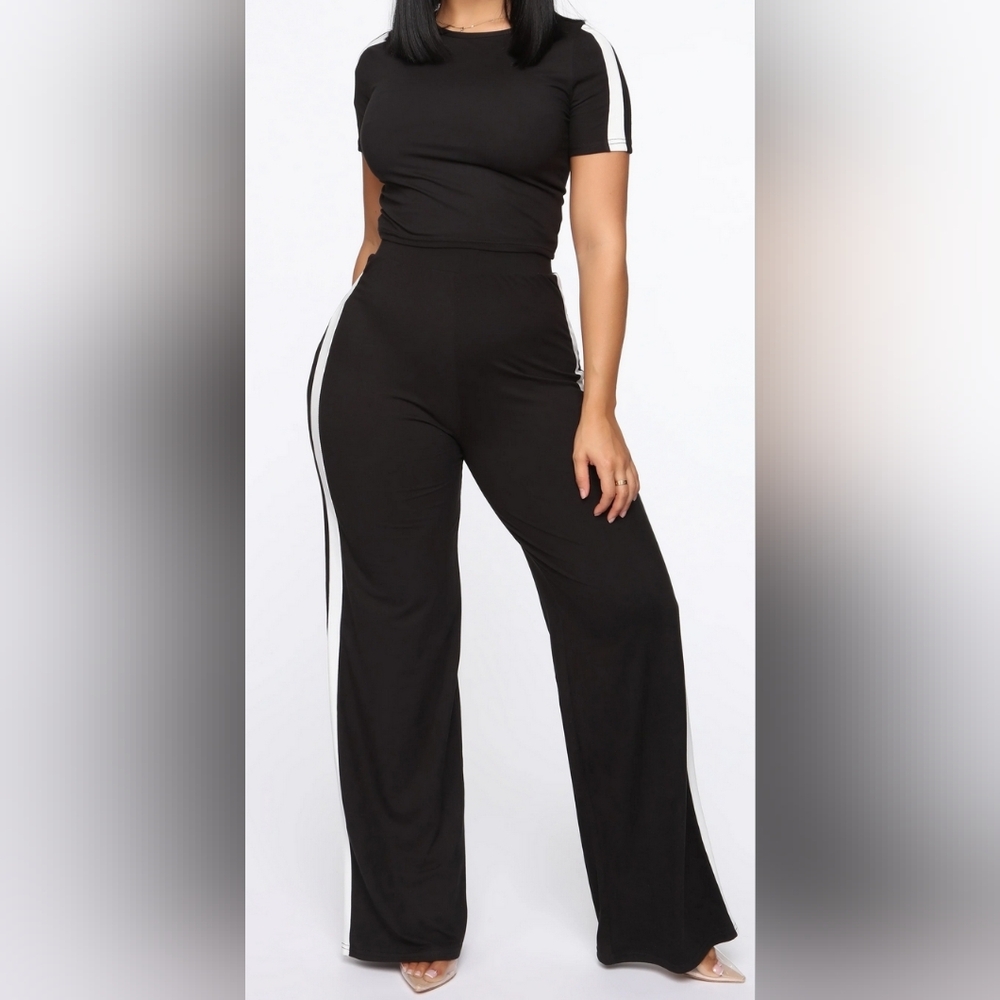 Fashion Nova Athletic Stripe Cropped Top Wide Leg Pant lounge set Large